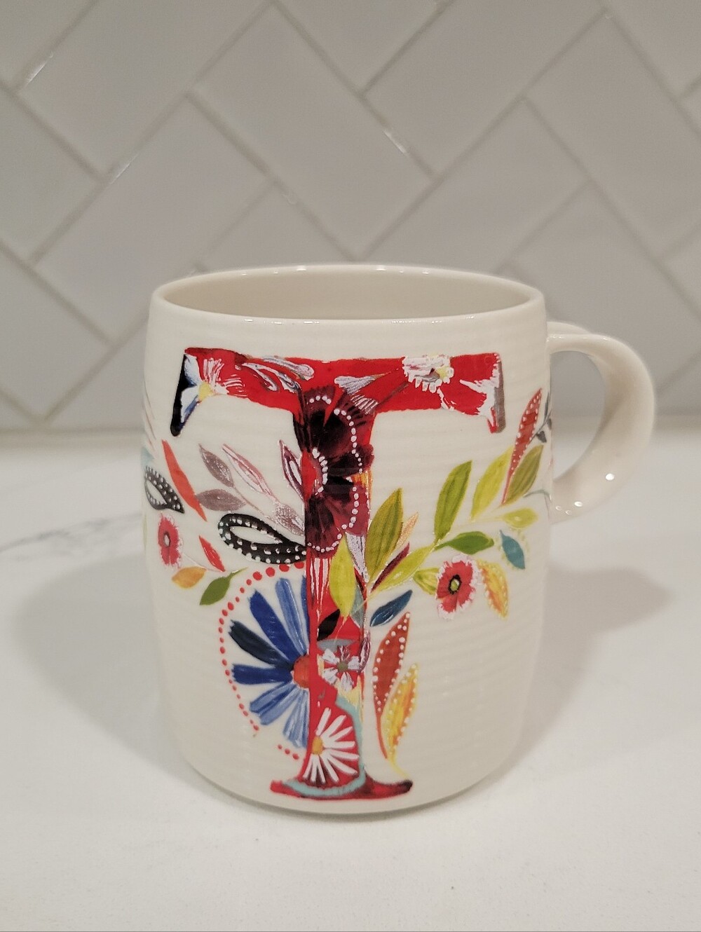 Starla M. Halfmann For Anthropologie Floral Letter T Ceramic Mug - Multicolor